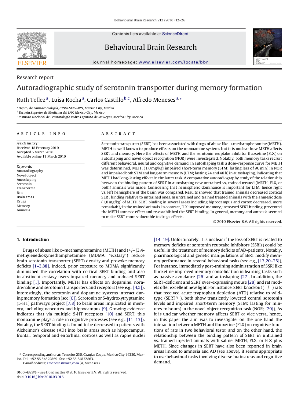 Autoradiographic study of serotonin transporter during memory formation