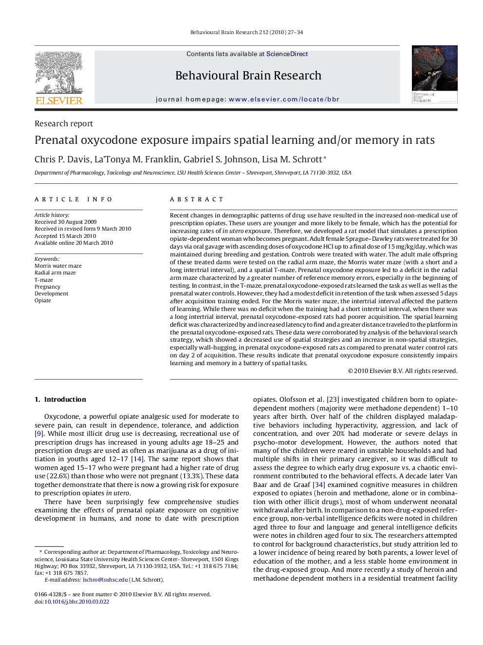 Prenatal oxycodone exposure impairs spatial learning and/or memory in rats