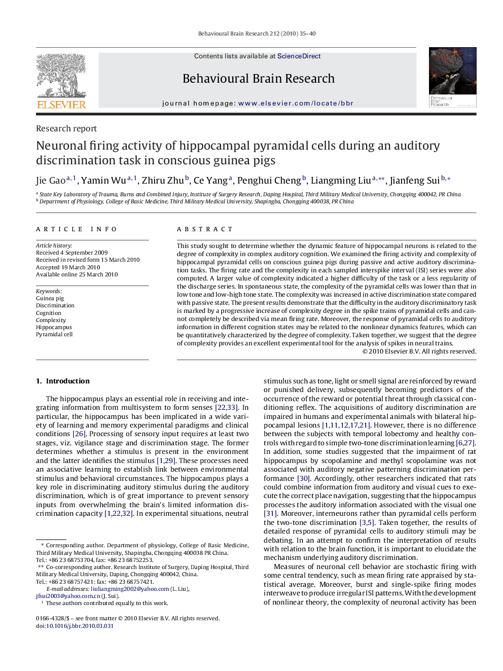 Neuronal firing activity of hippocampal pyramidal cells during an auditory discrimination task in conscious guinea pigs