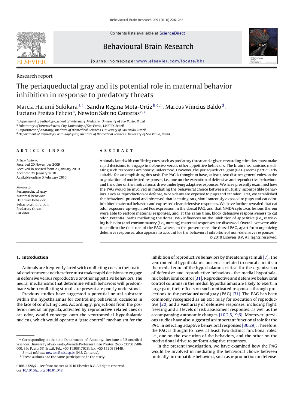 The periaqueductal gray and its potential role in maternal behavior inhibition in response to predatory threats