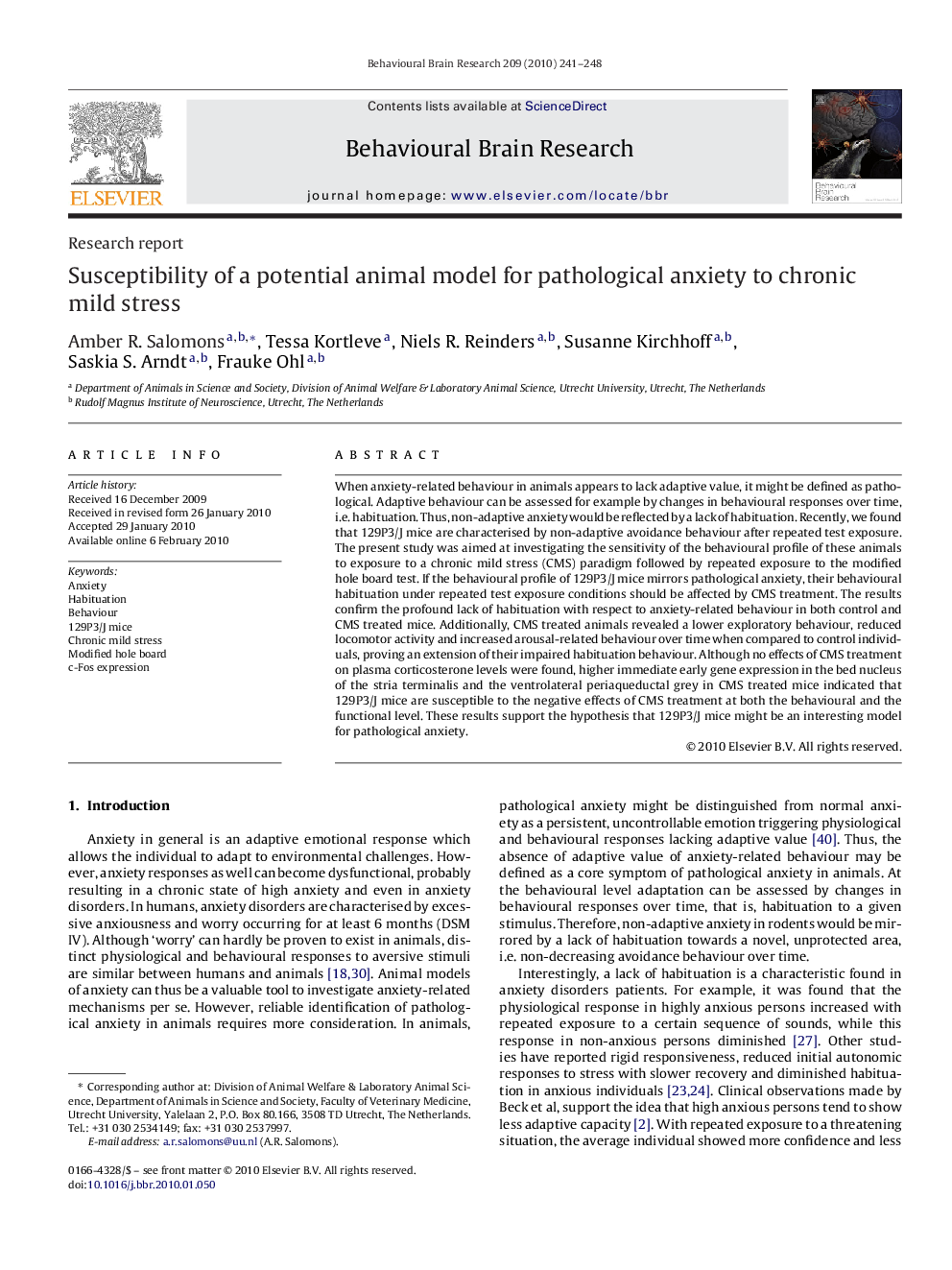 Susceptibility of a potential animal model for pathological anxiety to chronic mild stress