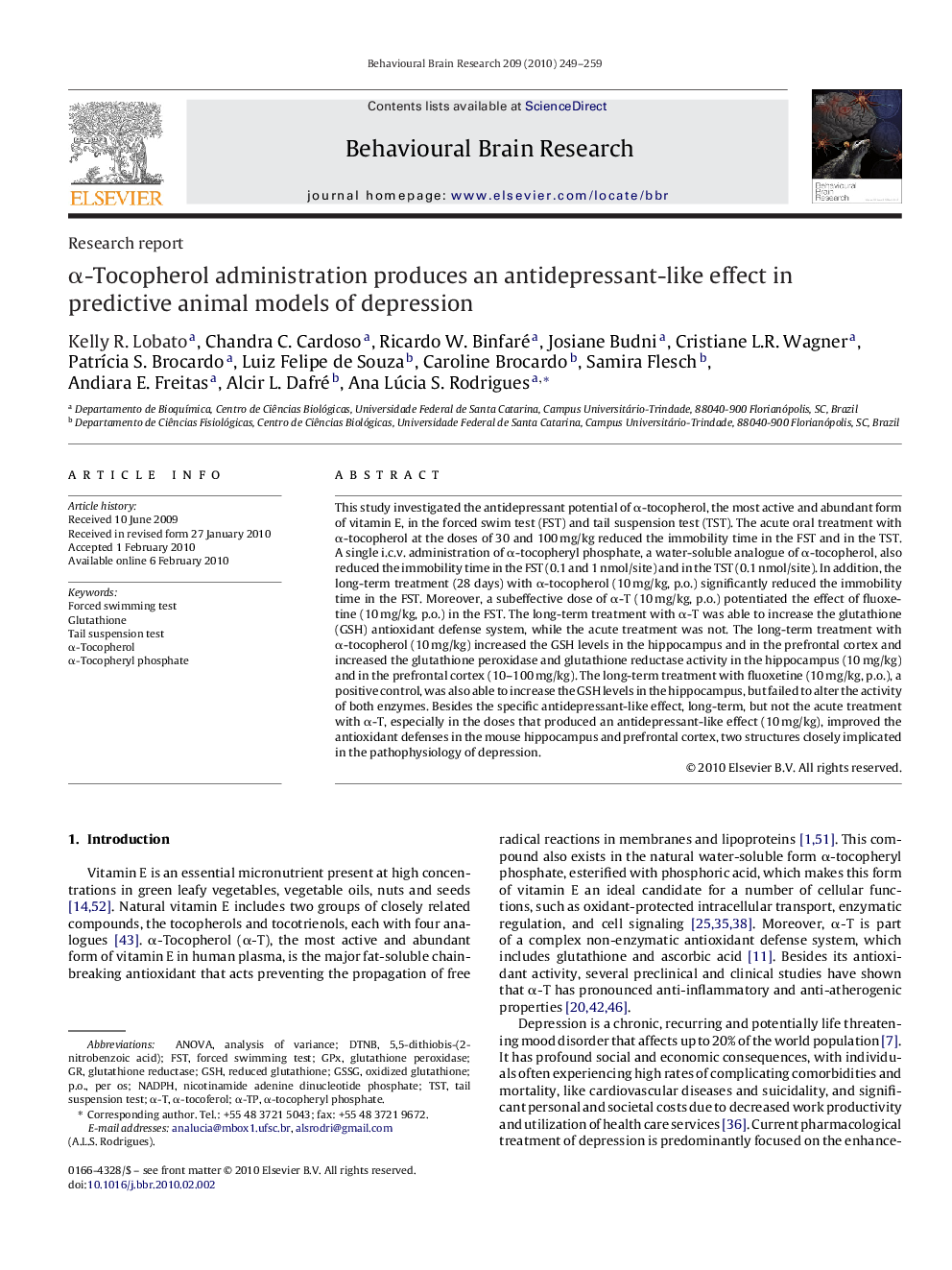 α-Tocopherol administration produces an antidepressant-like effect in predictive animal models of depression