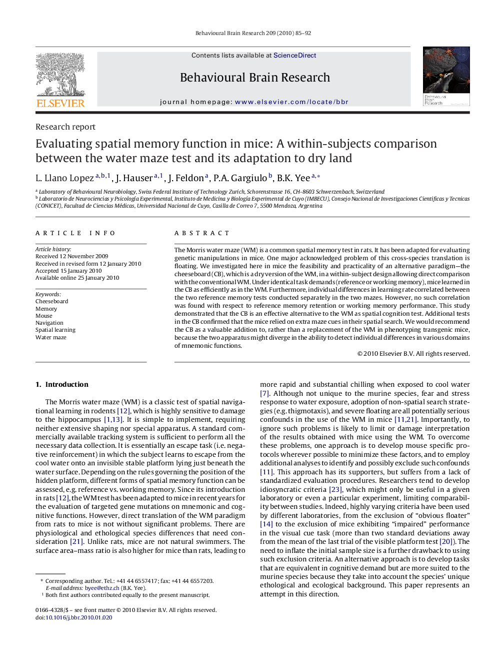 Evaluating spatial memory function in mice: A within-subjects comparison between the water maze test and its adaptation to dry land