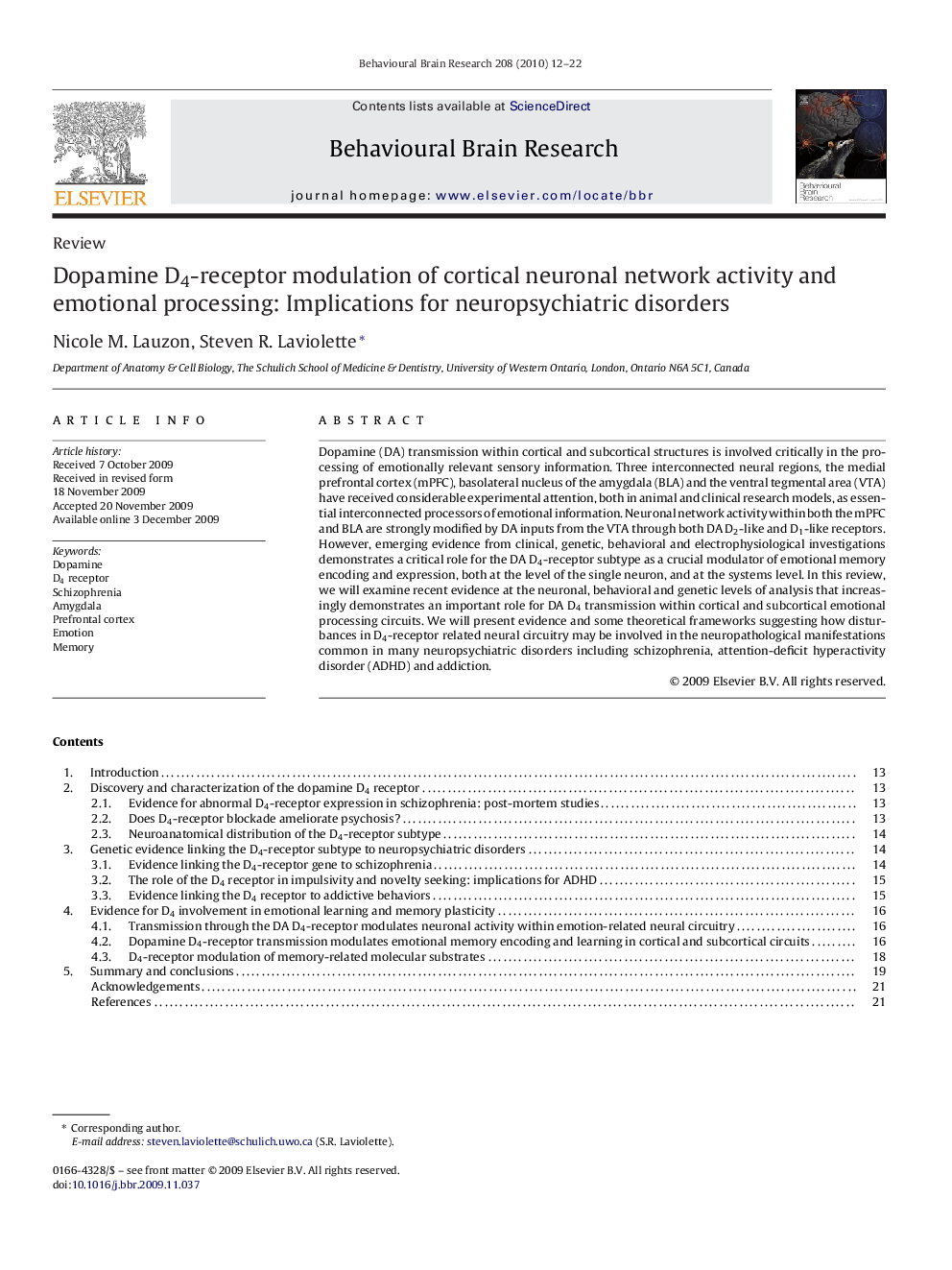 Dopamine D4-receptor modulation of cortical neuronal network activity and emotional processing: Implications for neuropsychiatric disorders