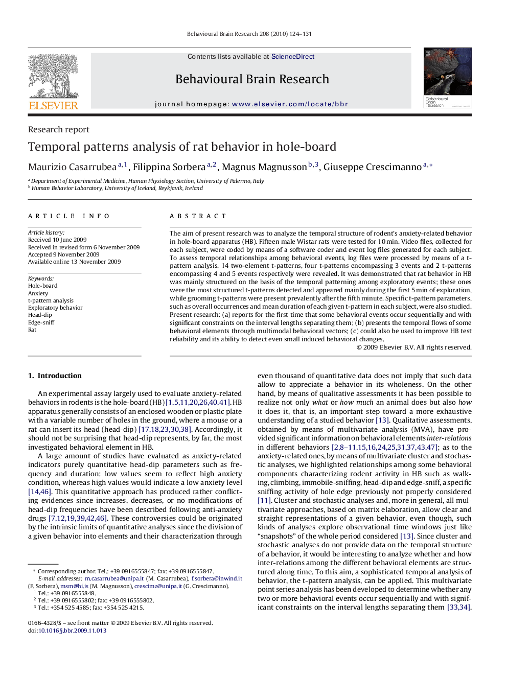 Temporal patterns analysis of rat behavior in hole-board