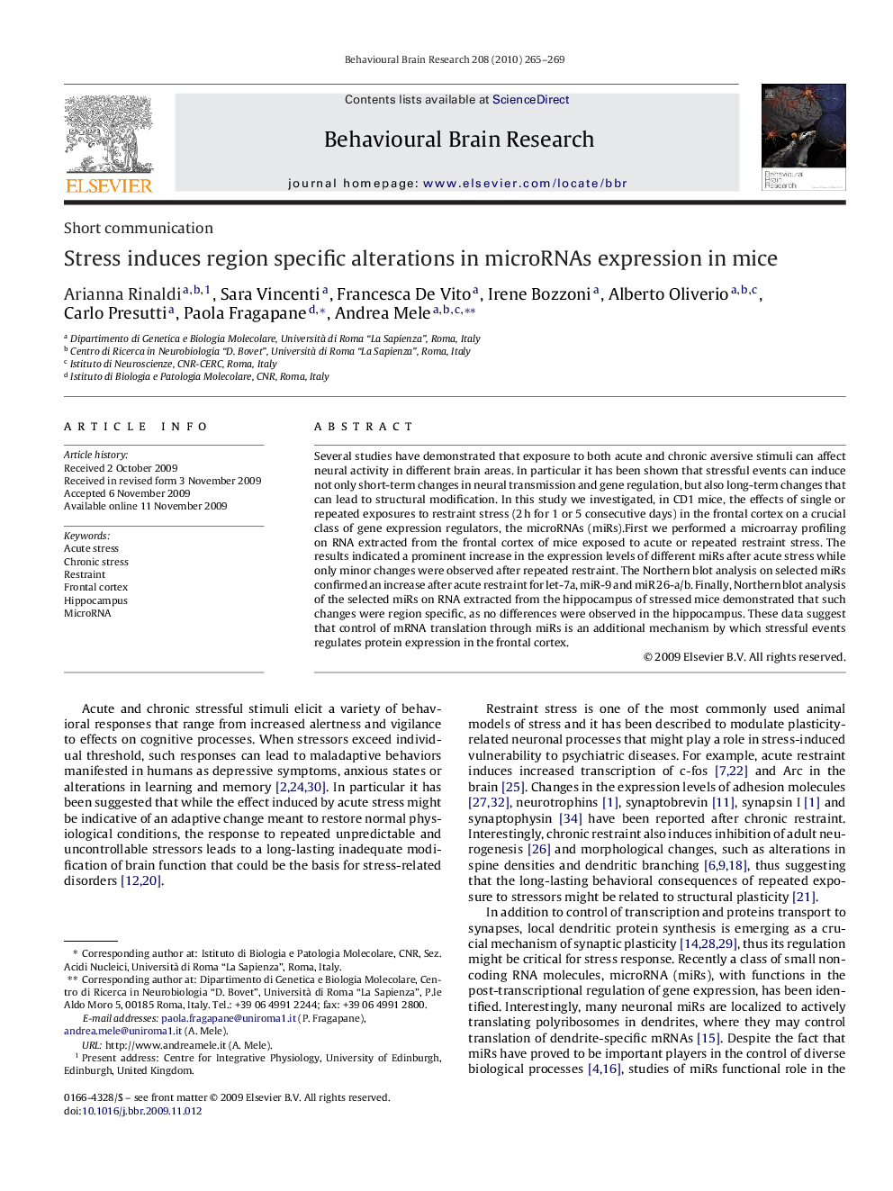 Stress induces region specific alterations in microRNAs expression in mice