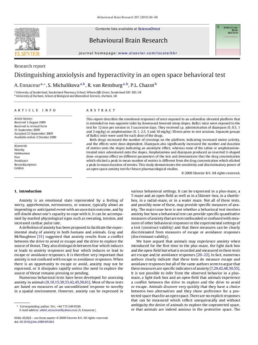 Distinguishing anxiolysis and hyperactivity in an open space behavioral test