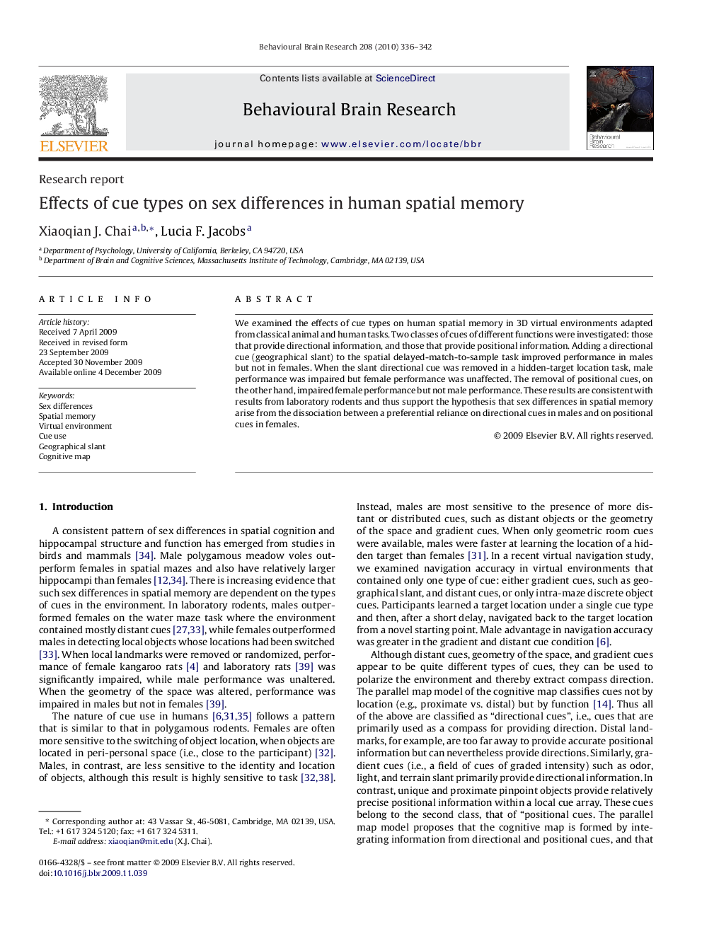 Effects of cue types on sex differences in human spatial memory