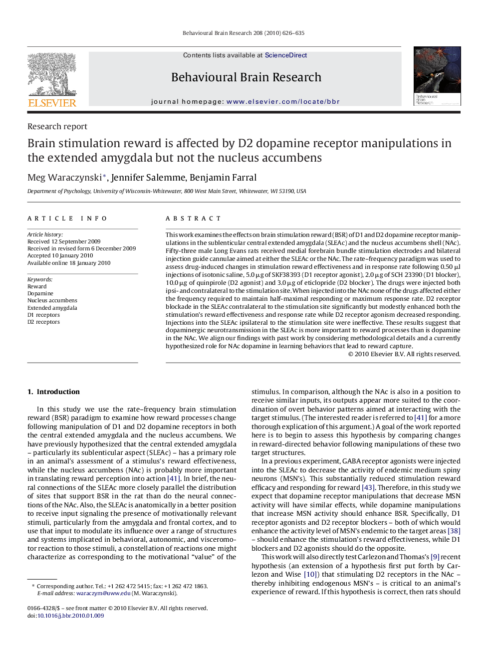 Brain stimulation reward is affected by D2 dopamine receptor manipulations in the extended amygdala but not the nucleus accumbens