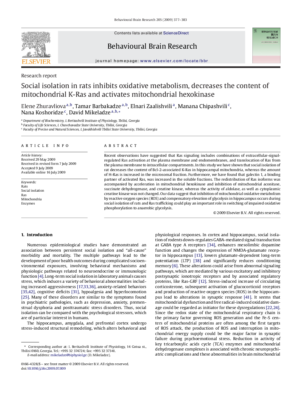 Social isolation in rats inhibits oxidative metabolism, decreases the content of mitochondrial K-Ras and activates mitochondrial hexokinase