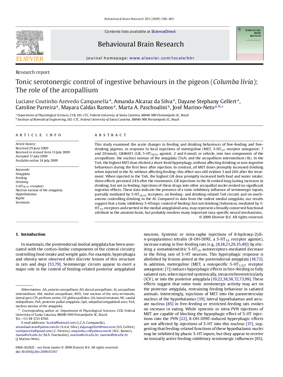 Tonic serotonergic control of ingestive behaviours in the pigeon (Columba livia): The role of the arcopallium