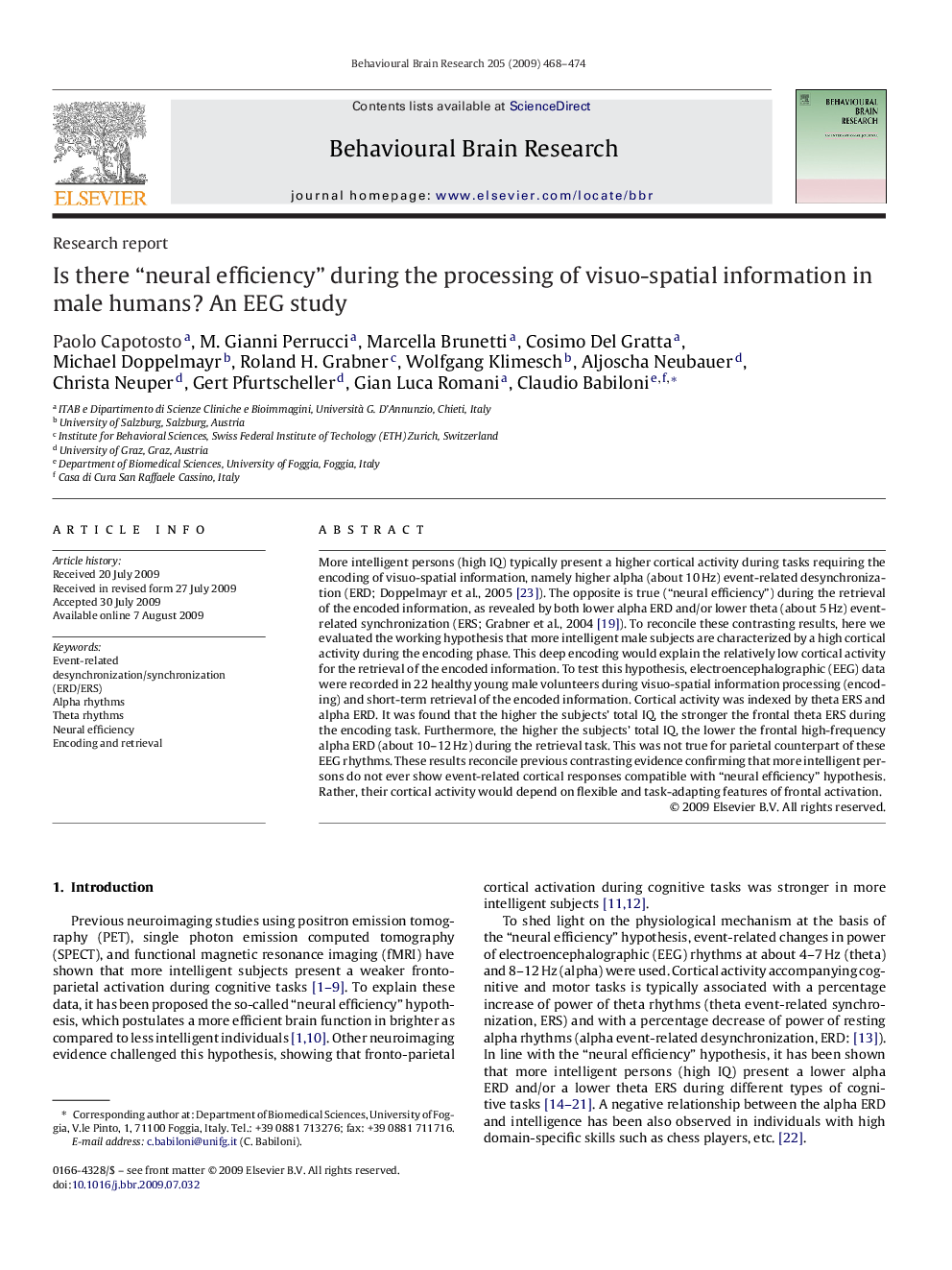 Is there “neural efficiency” during the processing of visuo-spatial information in male humans? An EEG study