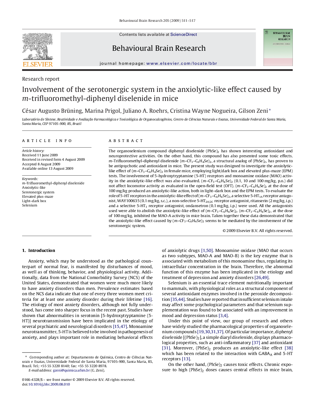 Involvement of the serotonergic system in the anxiolytic-like effect caused by m-trifluoromethyl-diphenyl diselenide in mice