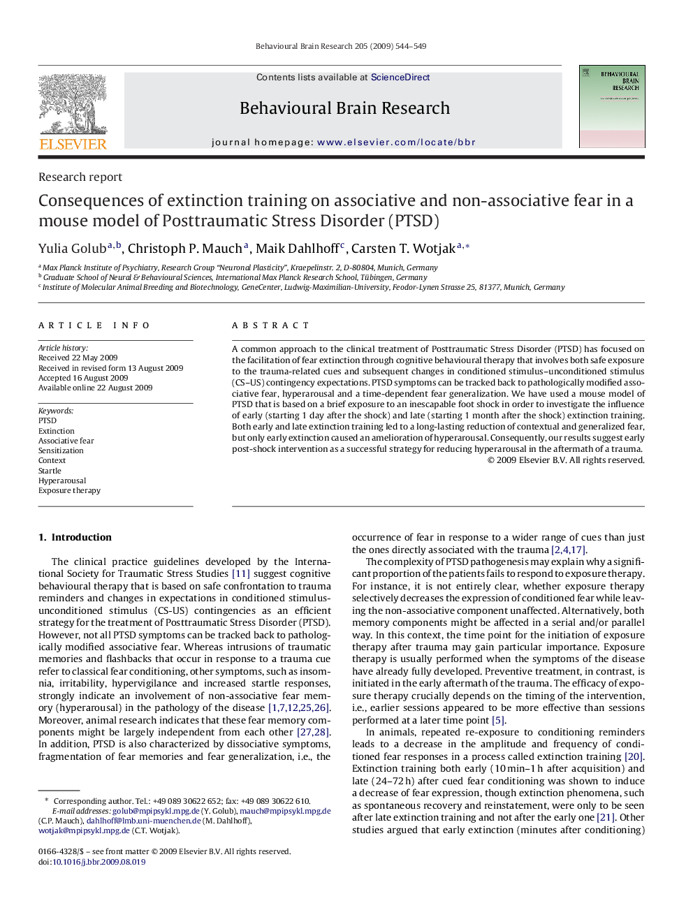 Consequences of extinction training on associative and non-associative fear in a mouse model of Posttraumatic Stress Disorder (PTSD)