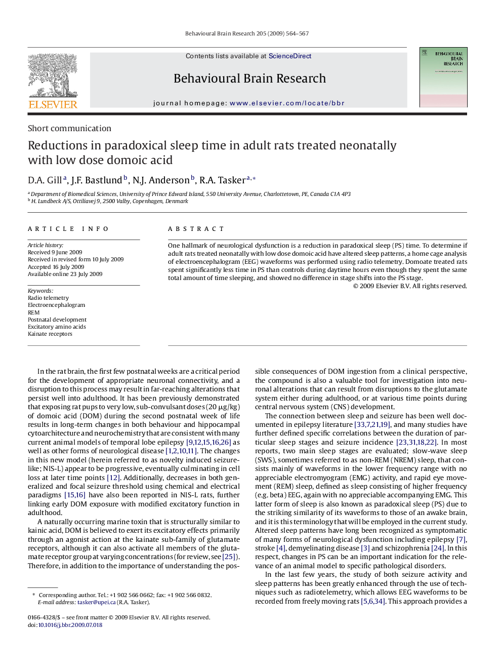 Reductions in paradoxical sleep time in adult rats treated neonatally with low dose domoic acid