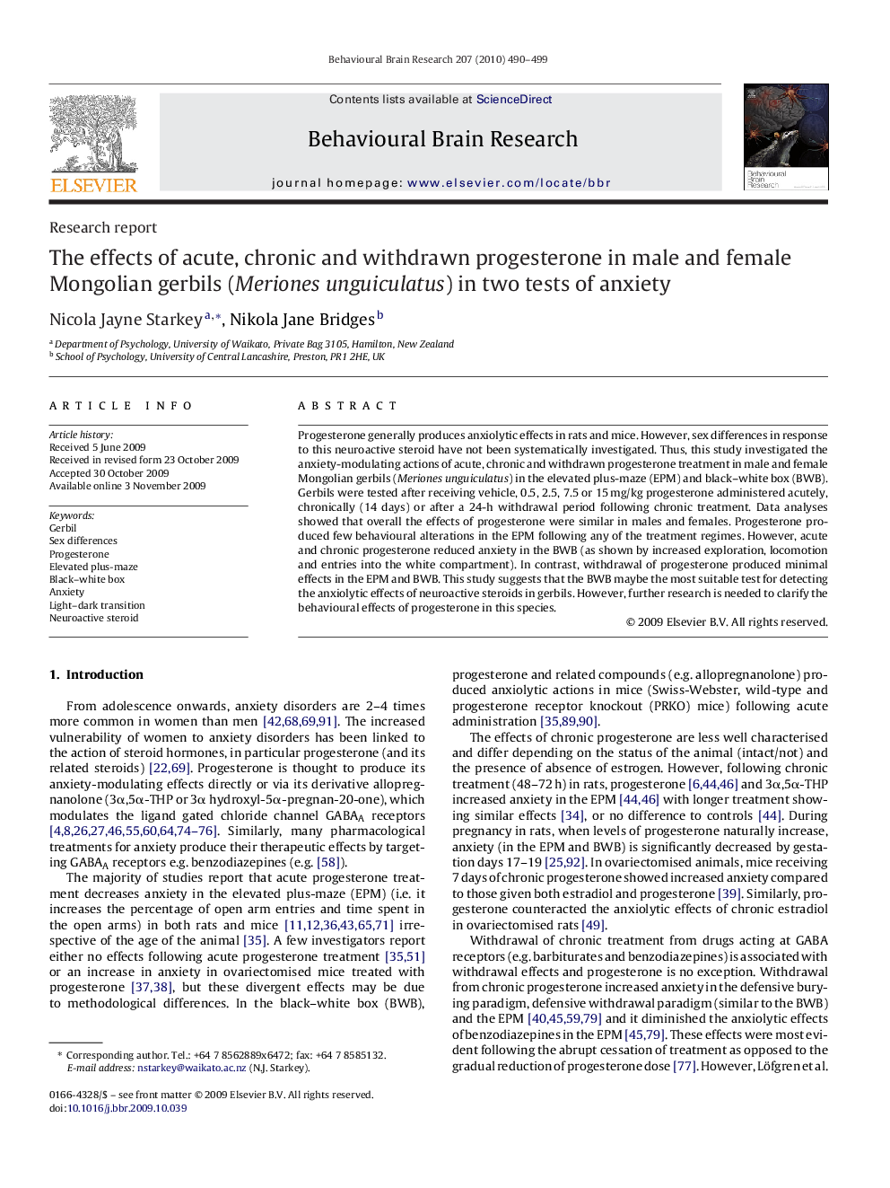 The effects of acute, chronic and withdrawn progesterone in male and female Mongolian gerbils (Meriones unguiculatus) in two tests of anxiety