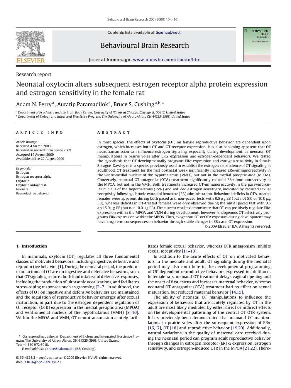 Neonatal oxytocin alters subsequent estrogen receptor alpha protein expression and estrogen sensitivity in the female rat