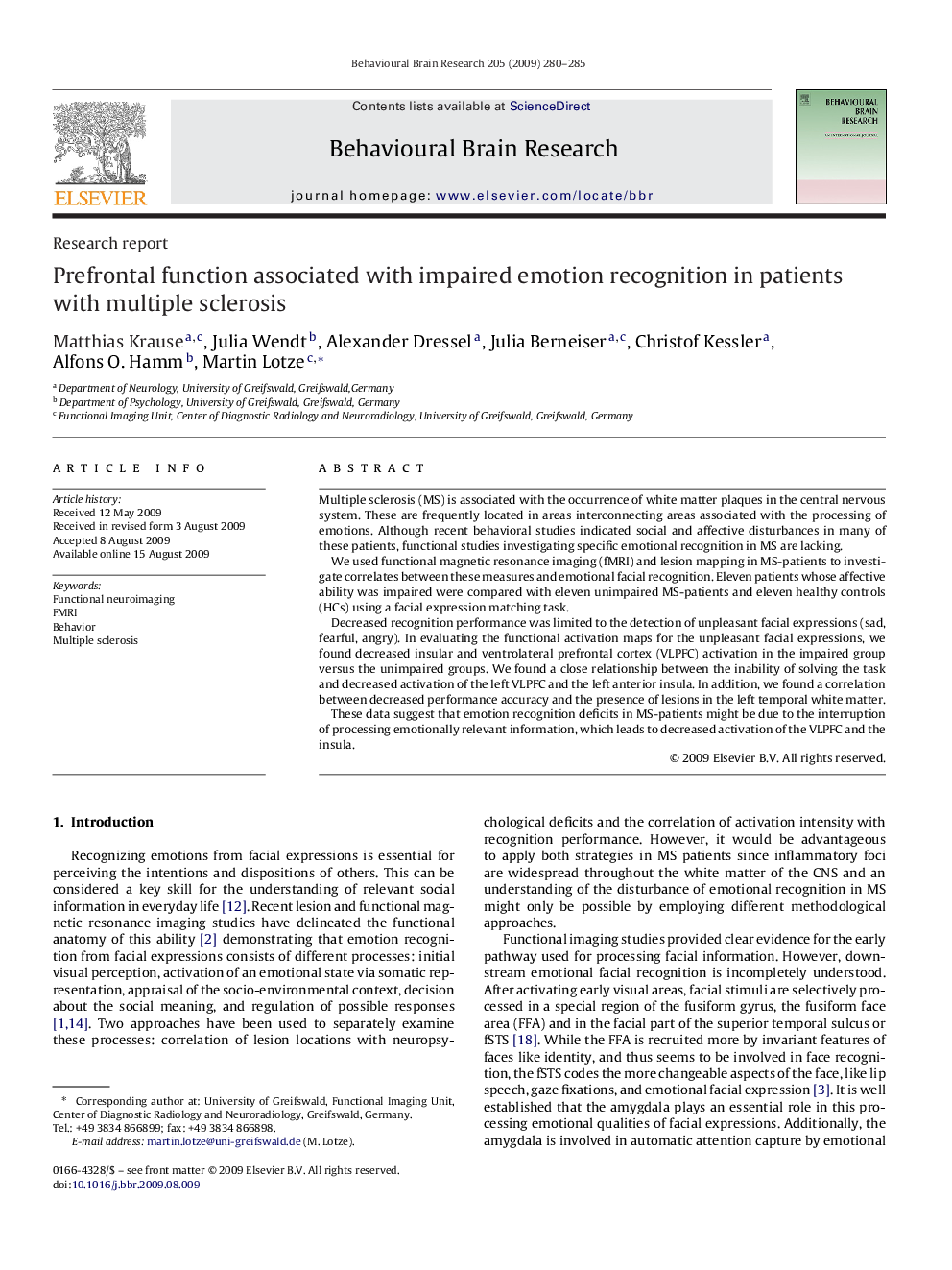 Prefrontal function associated with impaired emotion recognition in patients with multiple sclerosis