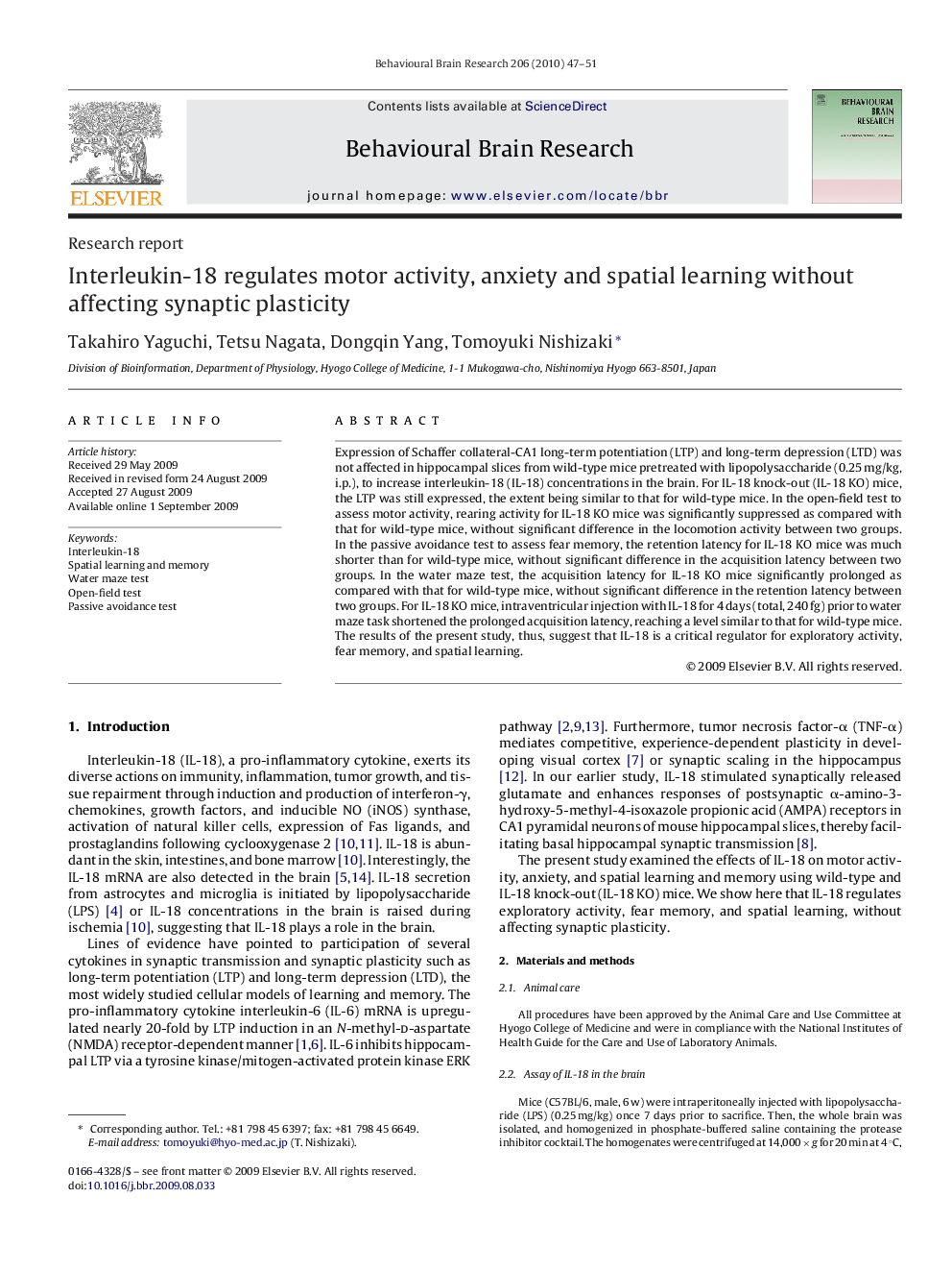 Interleukin-18 regulates motor activity, anxiety and spatial learning without affecting synaptic plasticity