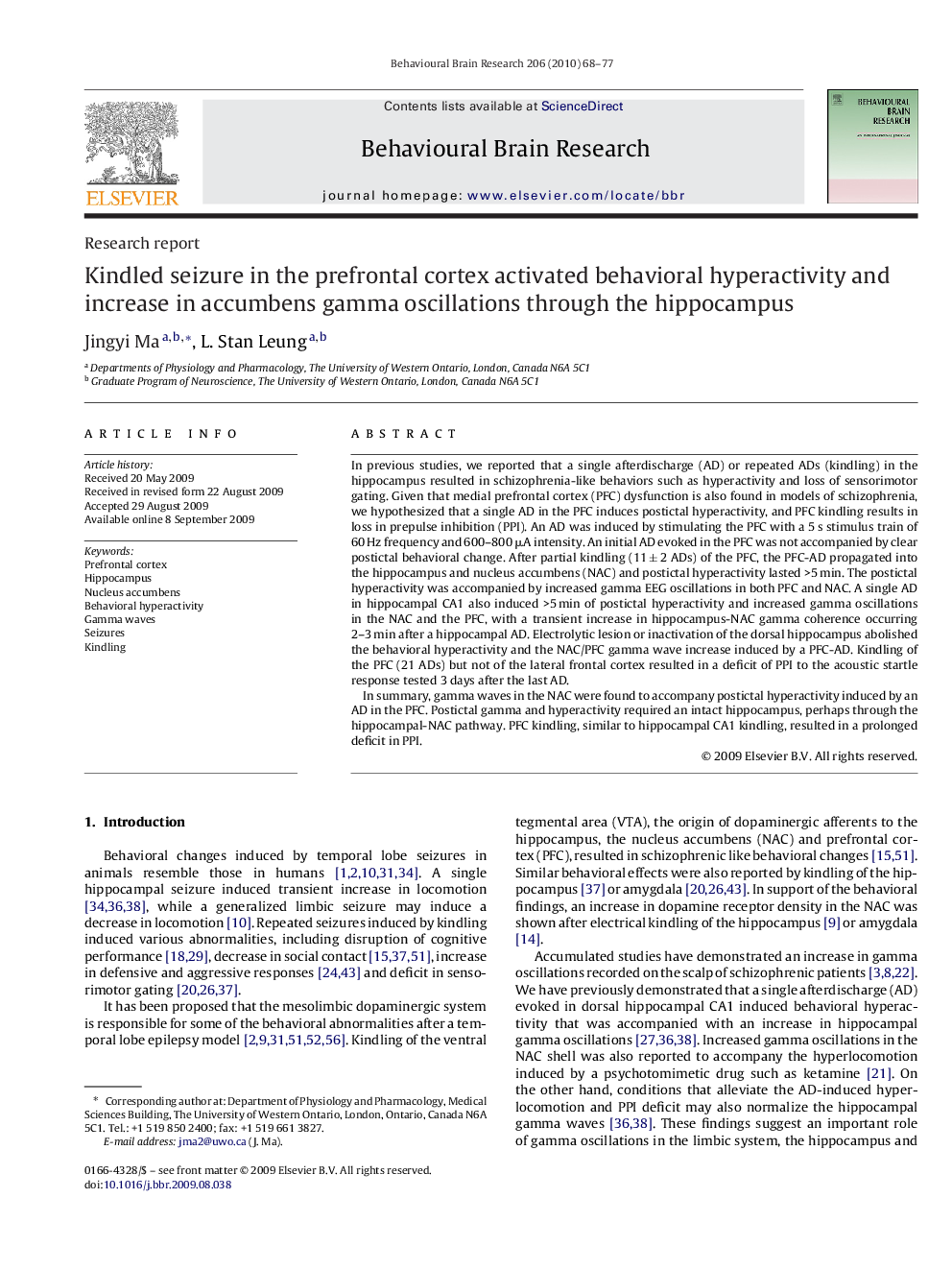 Kindled seizure in the prefrontal cortex activated behavioral hyperactivity and increase in accumbens gamma oscillations through the hippocampus