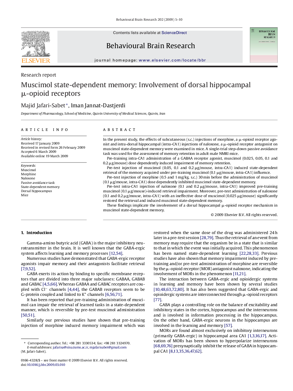 Muscimol state-dependent memory: Involvement of dorsal hippocampal μ-opioid receptors