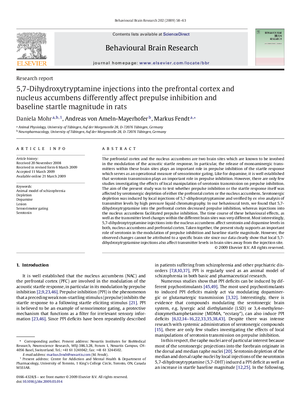 5,7-Dihydroxytryptamine injections into the prefrontal cortex and nucleus accumbens differently affect prepulse inhibition and baseline startle magnitude in rats