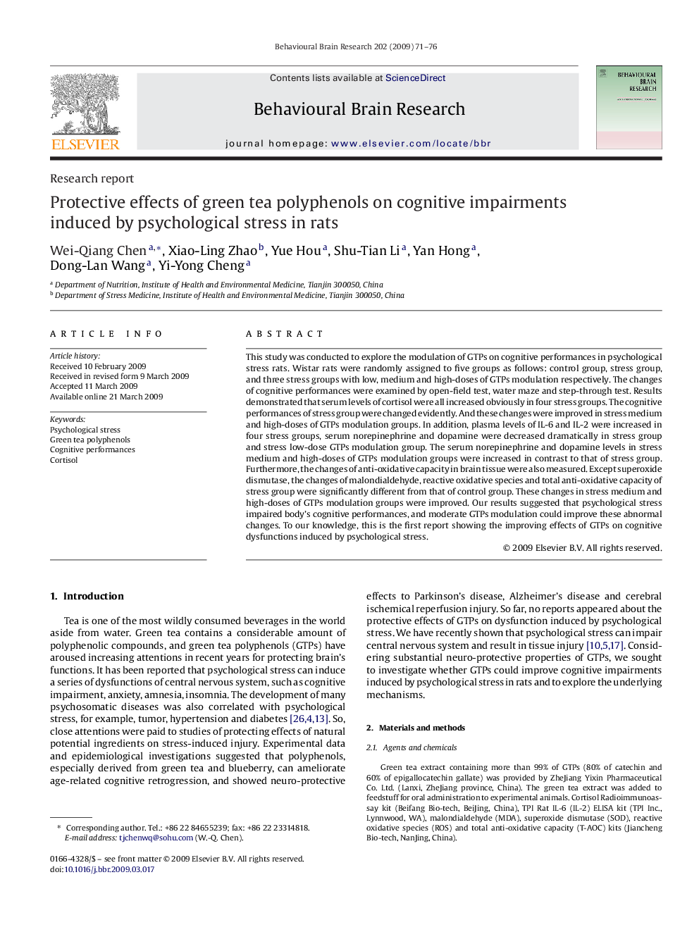 Protective effects of green tea polyphenols on cognitive impairments induced by psychological stress in rats