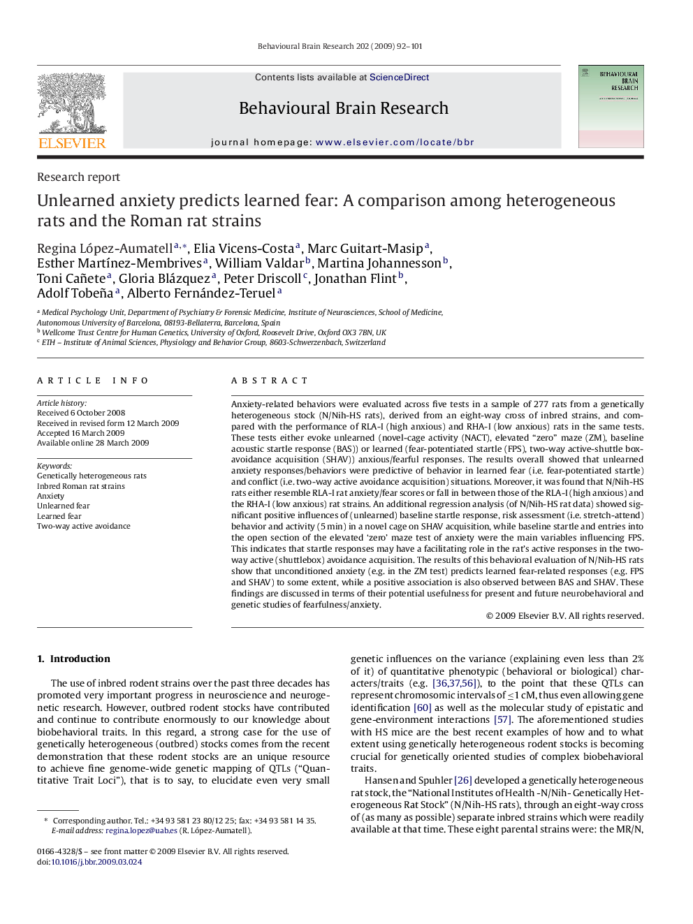 Unlearned anxiety predicts learned fear: A comparison among heterogeneous rats and the Roman rat strains