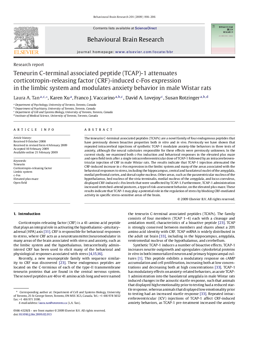 Teneurin C-terminal associated peptide (TCAP)-1 attenuates corticotropin-releasing factor (CRF)-induced c-Fos expression in the limbic system and modulates anxiety behavior in male Wistar rats