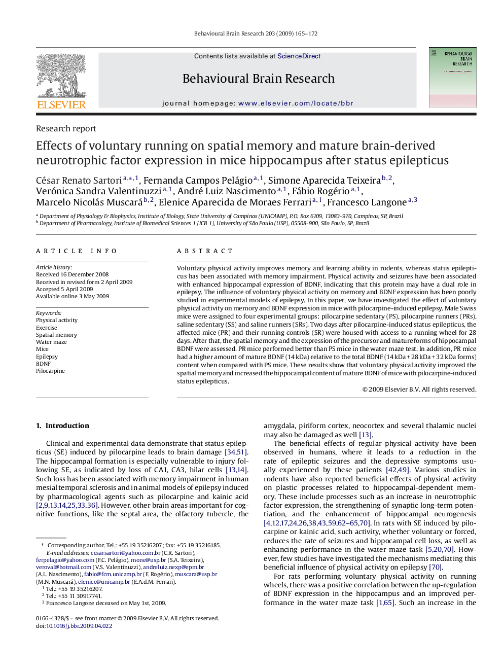 Effects of voluntary running on spatial memory and mature brain-derived neurotrophic factor expression in mice hippocampus after status epilepticus