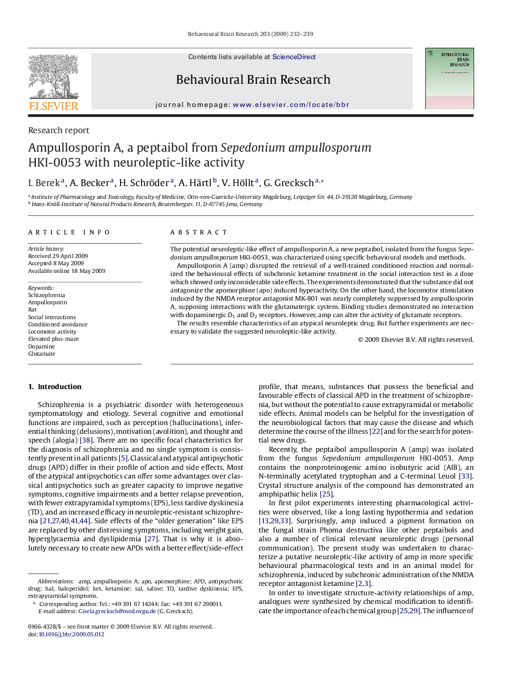 Ampullosporin A, a peptaibol from Sepedonium ampullosporum HKI-0053 with neuroleptic-like activity