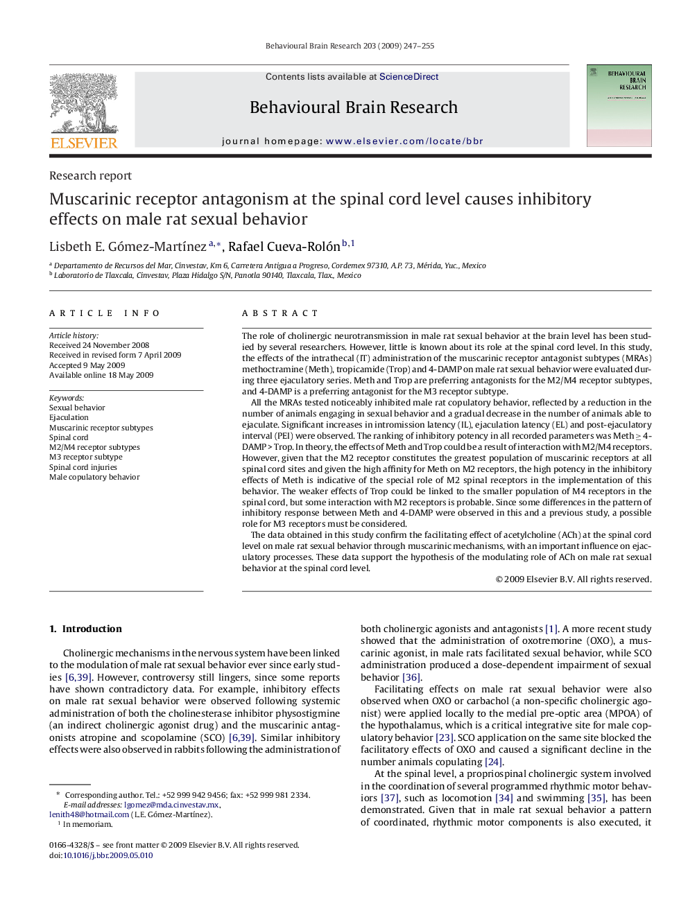 Muscarinic receptor antagonism at the spinal cord level causes inhibitory effects on male rat sexual behavior