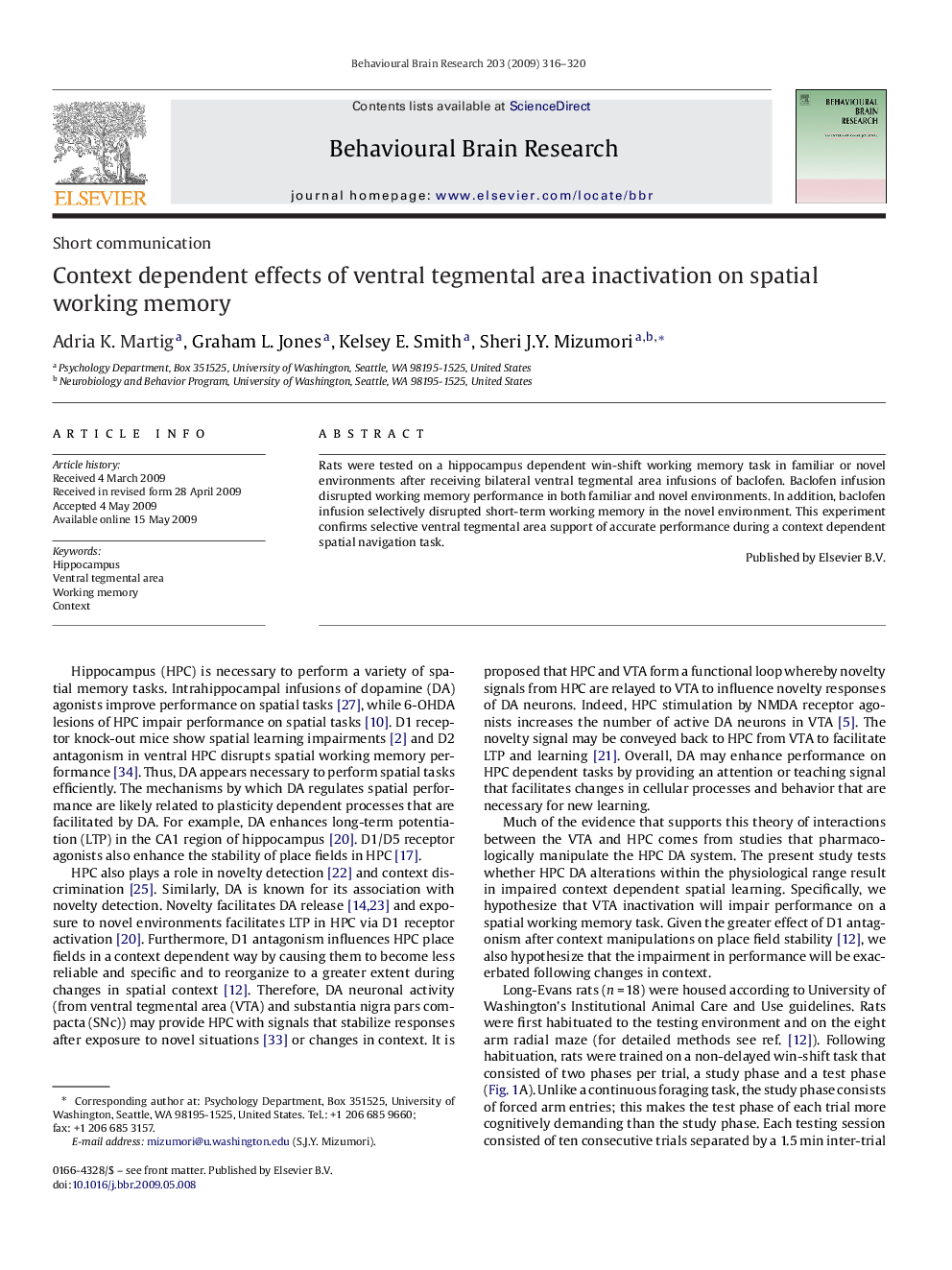 Context dependent effects of ventral tegmental area inactivation on spatial working memory