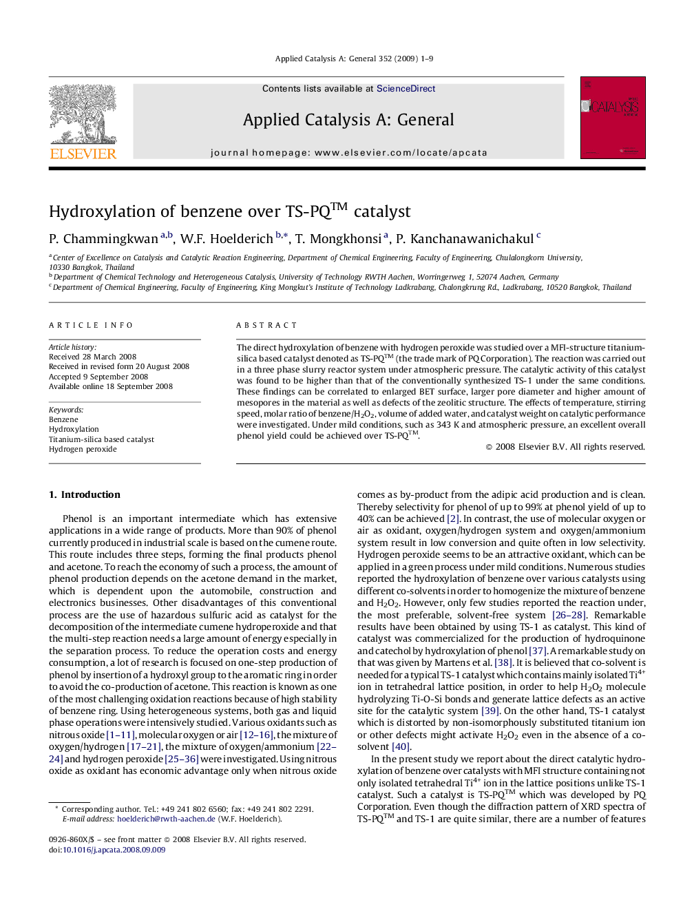 Hydroxylation of benzene over TS-PQ™ catalyst