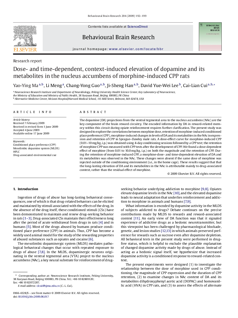 Dose- and time-dependent, context-induced elevation of dopamine and its metabolites in the nucleus accumbens of morphine-induced CPP rats