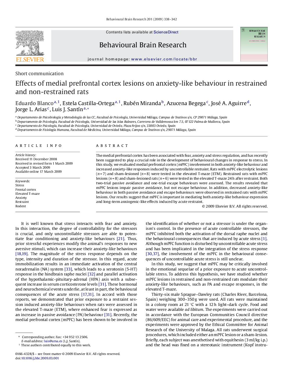 Effects of medial prefrontal cortex lesions on anxiety-like behaviour in restrained and non-restrained rats