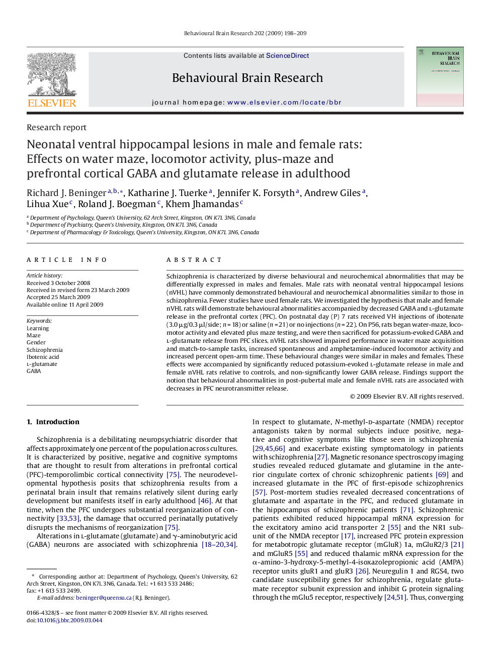 Neonatal ventral hippocampal lesions in male and female rats: Effects on water maze, locomotor activity, plus-maze and prefrontal cortical GABA and glutamate release in adulthood