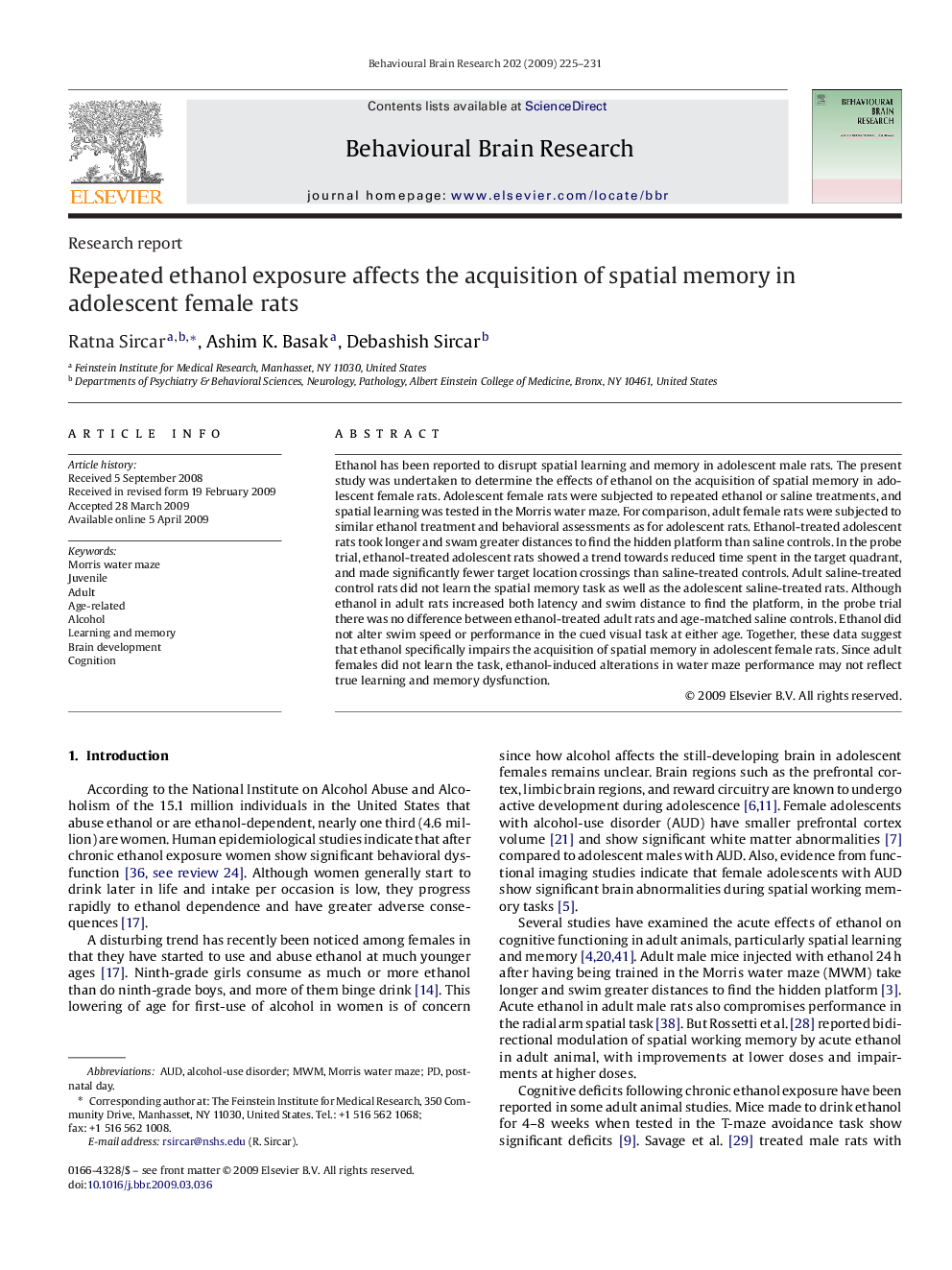 Repeated ethanol exposure affects the acquisition of spatial memory in adolescent female rats