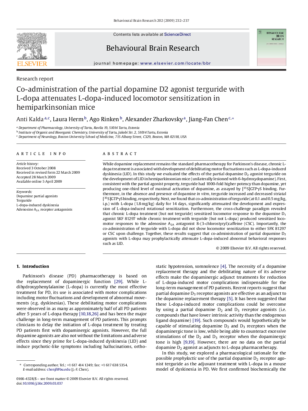 Co-administration of the partial dopamine D2 agonist terguride with L-dopa attenuates L-dopa-induced locomotor sensitization in hemiparkinsonian mice