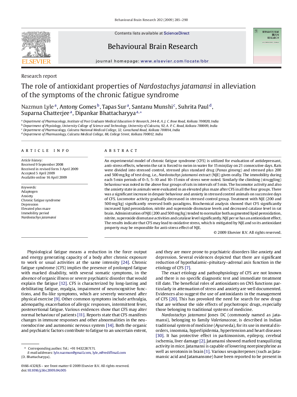 The role of antioxidant properties of Nardostachys jatamansi in alleviation of the symptoms of the chronic fatigue syndrome