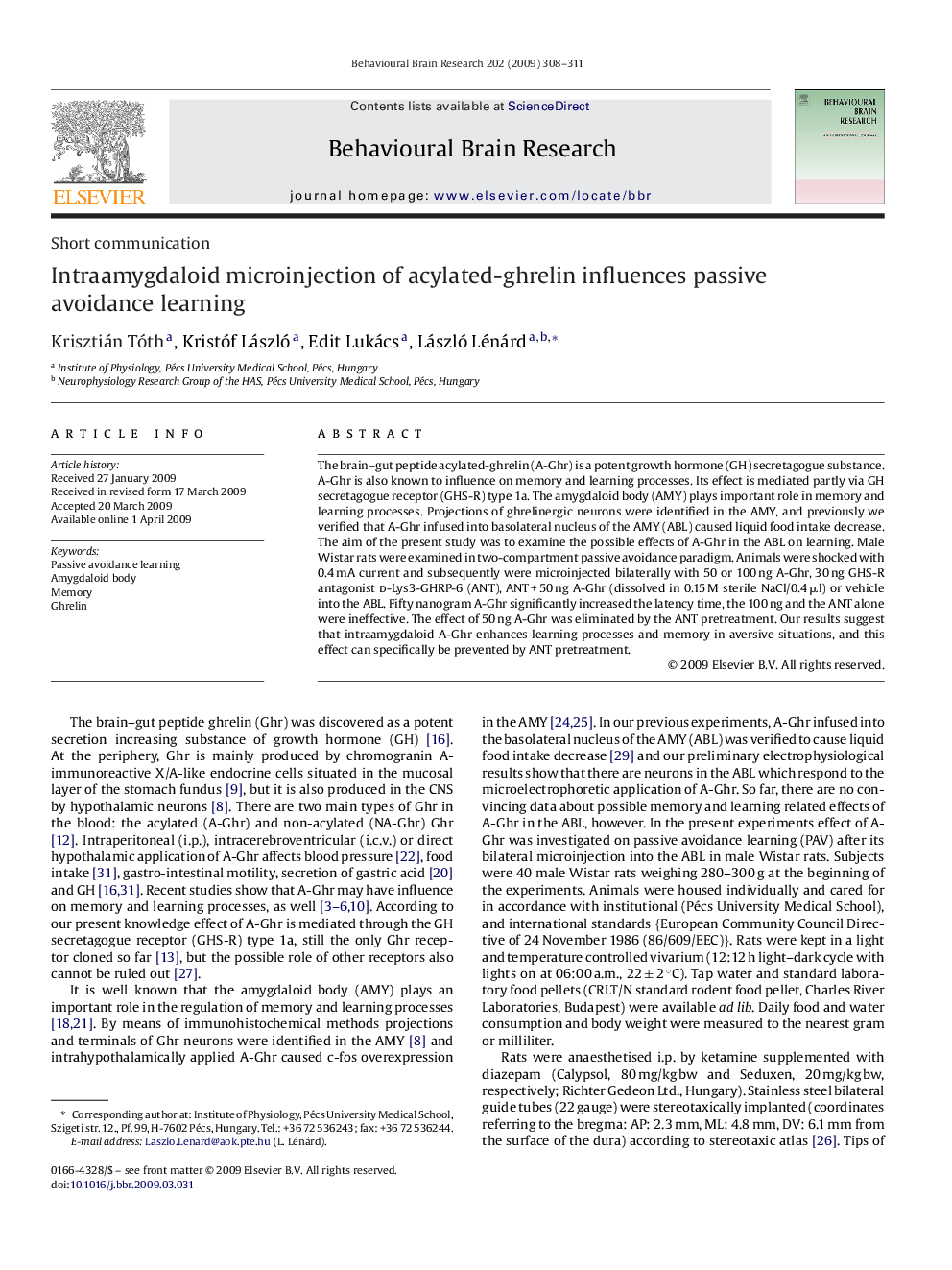 Intraamygdaloid microinjection of acylated-ghrelin influences passive avoidance learning