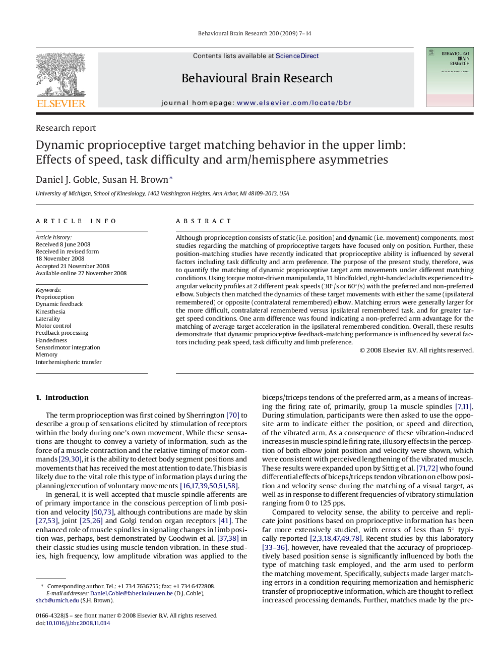 Dynamic proprioceptive target matching behavior in the upper limb: Effects of speed, task difficulty and arm/hemisphere asymmetries