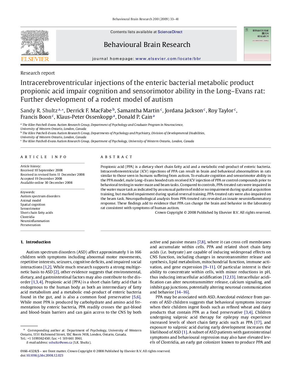 Intracerebroventricular injections of the enteric bacterial metabolic product propionic acid impair cognition and sensorimotor ability in the Long-Evans rat: Further development of a rodent model of autism