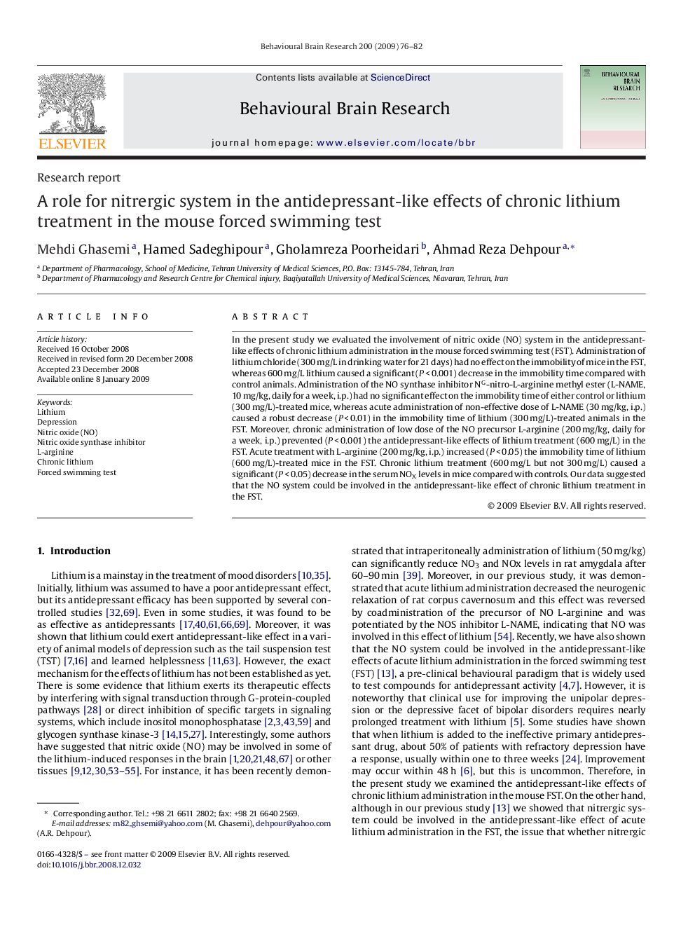 A role for nitrergic system in the antidepressant-like effects of chronic lithium treatment in the mouse forced swimming test