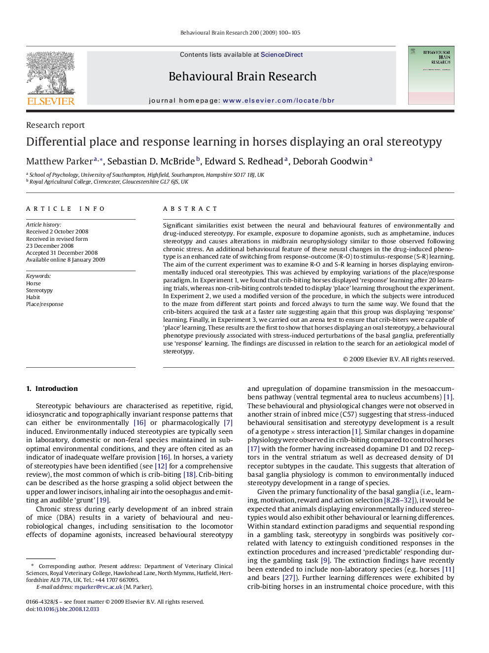 Differential place and response learning in horses displaying an oral stereotypy