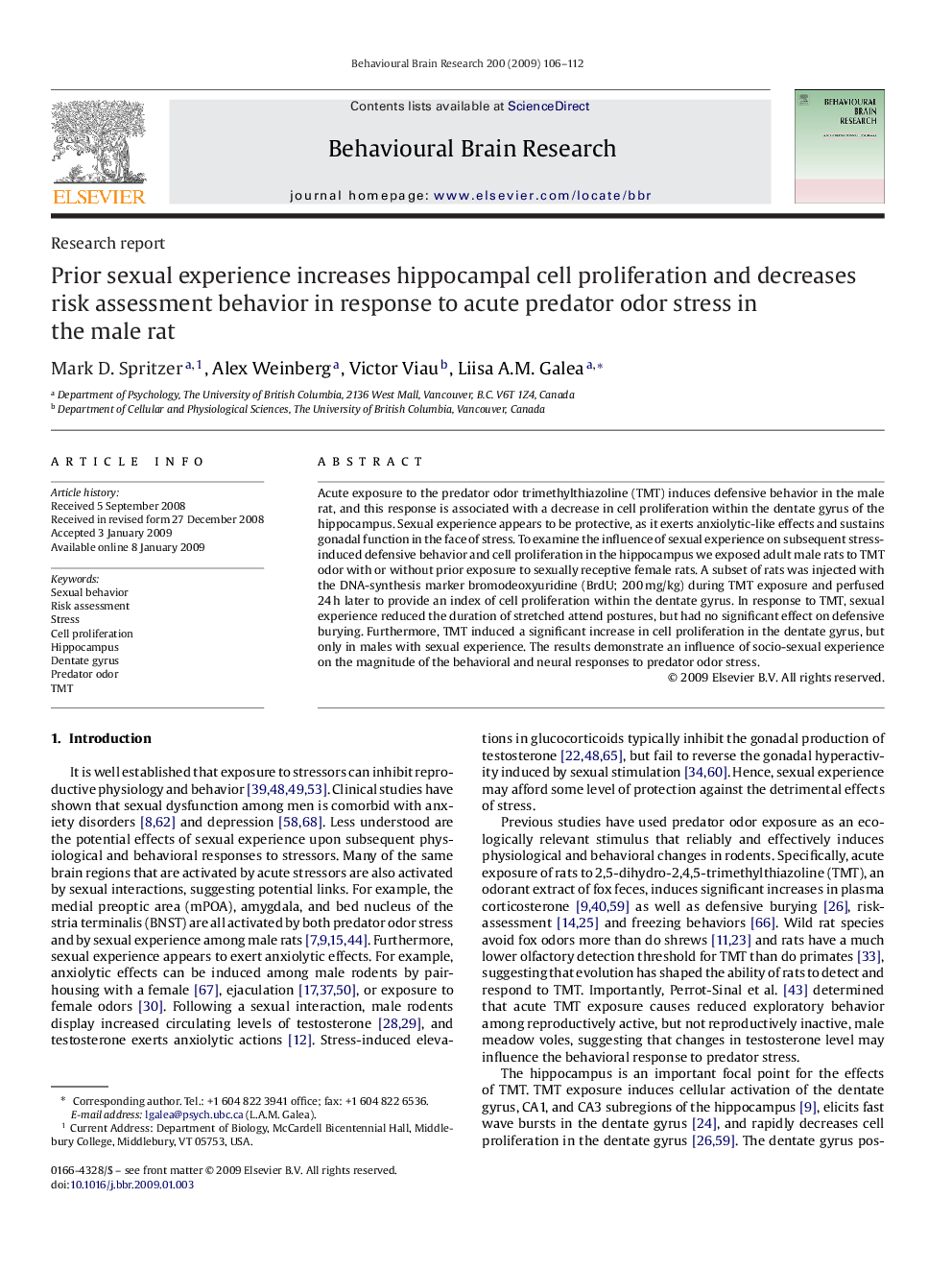 Prior sexual experience increases hippocampal cell proliferation and decreases risk assessment behavior in response to acute predator odor stress in the male rat