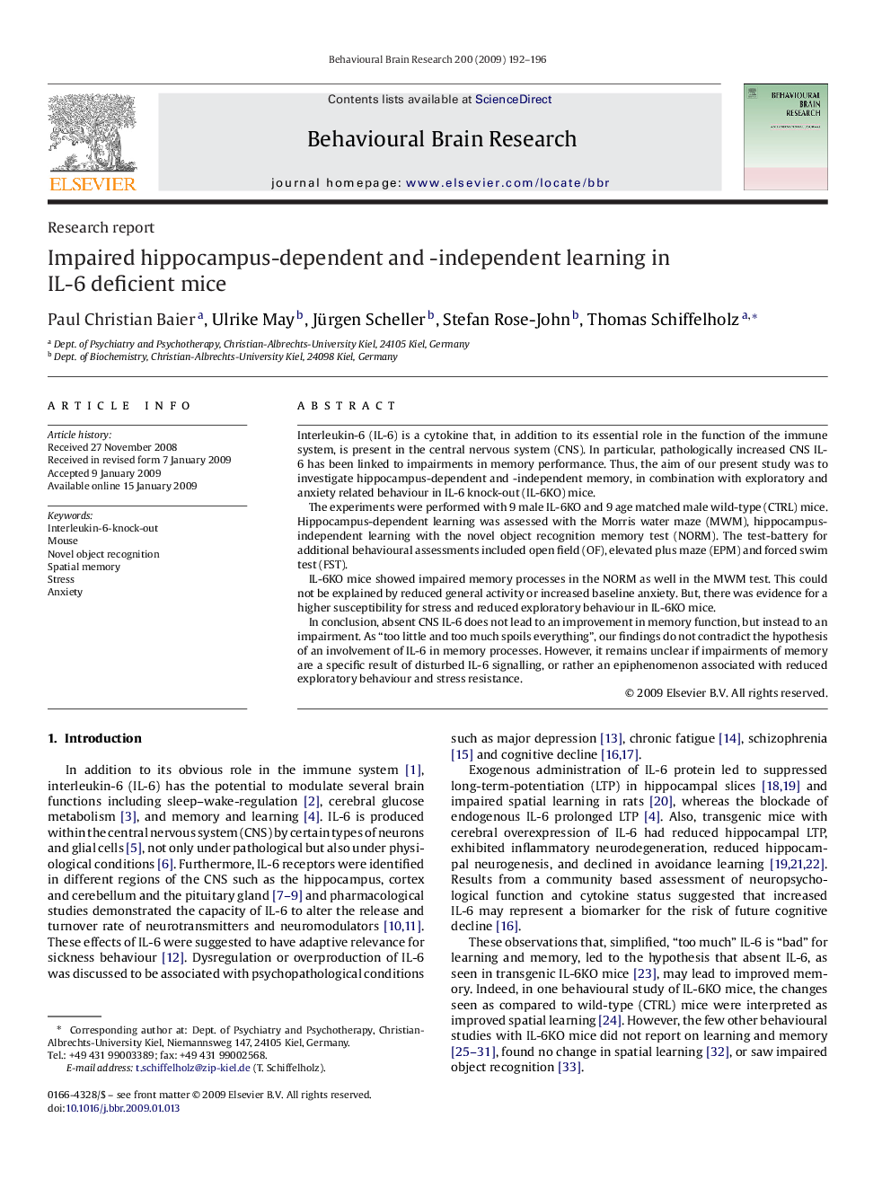 Impaired hippocampus-dependent and -independent learning in IL-6 deficient mice