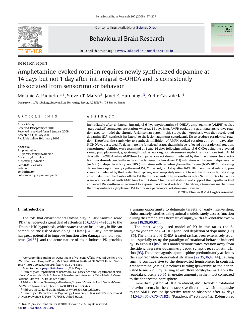 Amphetamine-evoked rotation requires newly synthesized dopamine at 14 days but not 1 day after intranigral 6-OHDA and is consistently dissociated from sensorimotor behavior