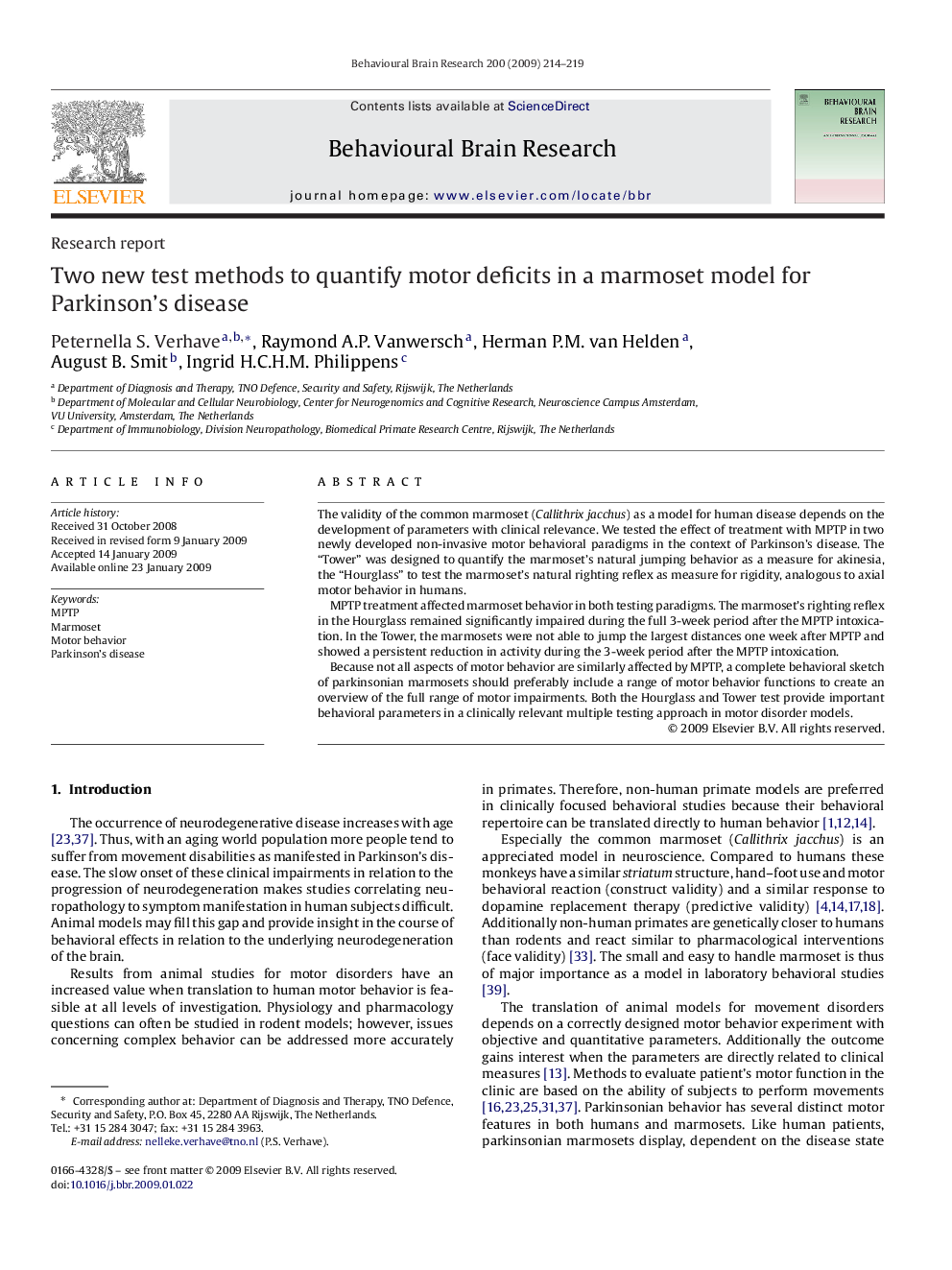 Two new test methods to quantify motor deficits in a marmoset model for Parkinson's disease