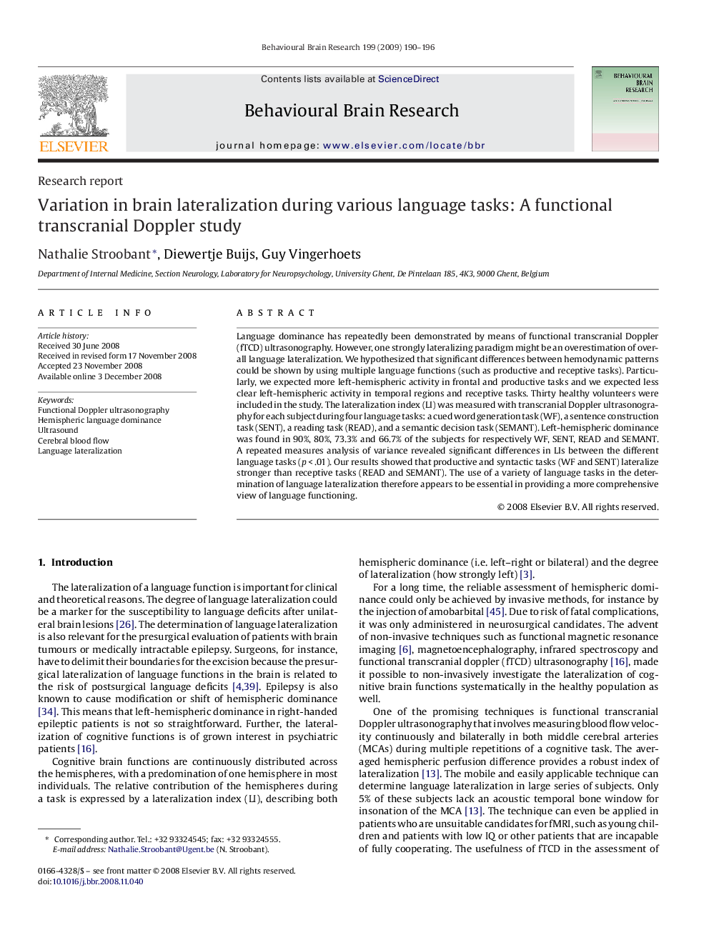 Variation in brain lateralization during various language tasks: A functional transcranial Doppler study